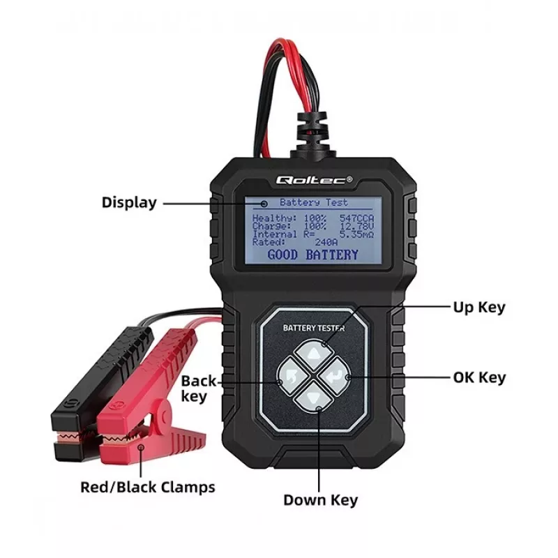 Qoltec digitálny tester batérií s LCD | Poľské menu | 12V | AGM | GEL | STD | 30-220AH