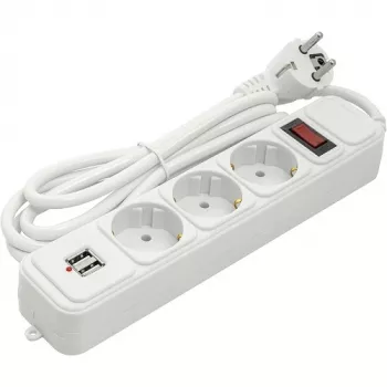 Predlžovací kábel do domácnosti 1,8 m, 3 zásuvky + 2 USB, s vypínačom