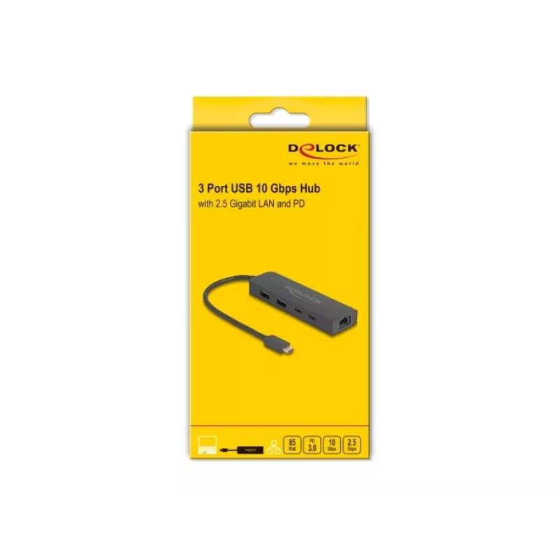 USB hub DeLOCK 10 Gbit/s s 2,5-Gigabit LAN a PD 85 Watt