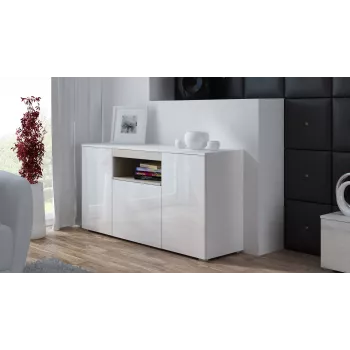 Komoda Cama Meble VIVA 150 — biela/biela vysoký lesk a sonoma dub, 3 dvere, 5 políc, 1500×450×800 mm