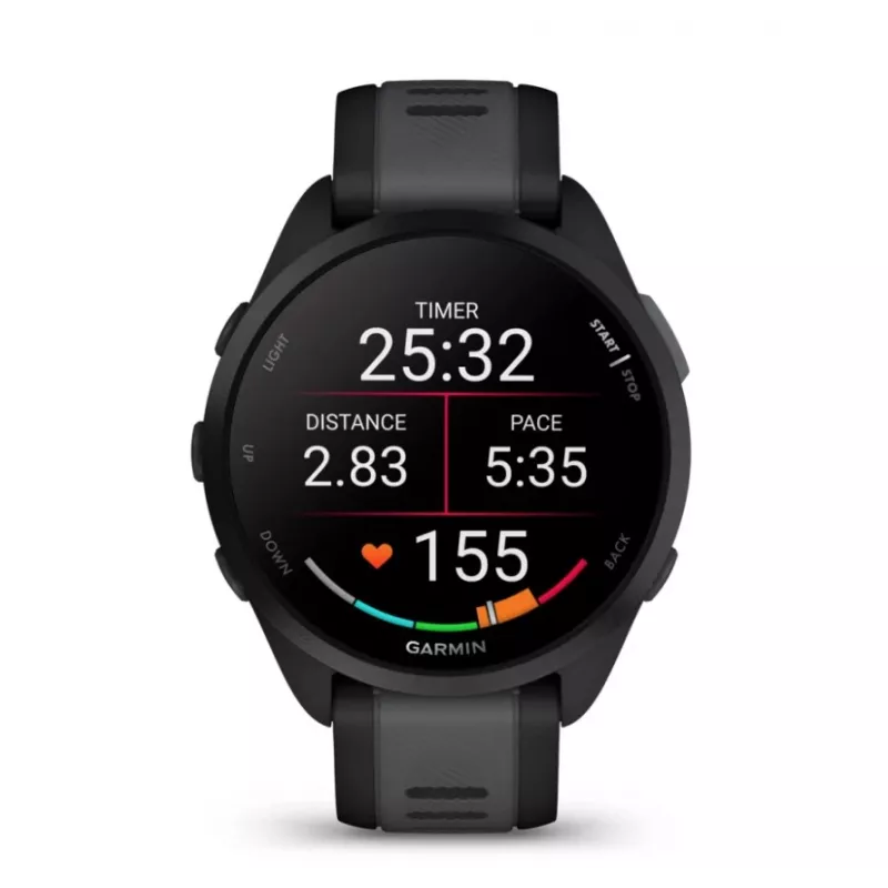 Inteligentné hodinky GPS Garmin Forerunner 165 43 mm, 1,2" AMOLED 390 x 390, dotyková obrazovka, 4 GB, silikónový remienok čierny/bridlicovo sivý