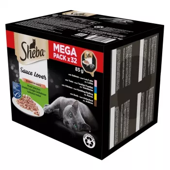 Mokré krmivo pre mačky miska Sheba sortiment 32 x 85 g — zmiešaná hydina, kačica, losos, tuniak