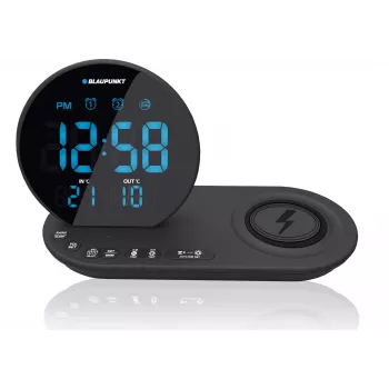 FM PLL rádiobudík/ALARM/USB/CR85BK NABÍJANIE/bezdrôtové nabíjanie/interiér/exteriér teplota/čierna