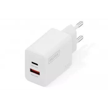 AC Indoor USB GaN nabíjačka DIGITUS DA-10301 — 30W, 1× USB-C, 1× USB-A, 100–240V, biela