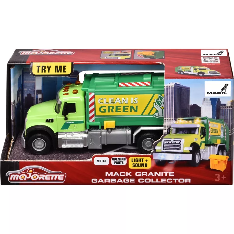 Hračkárske auto Majorette Mack Granite smetiarske vozidlo model 213743007, zliatinové modelové auto