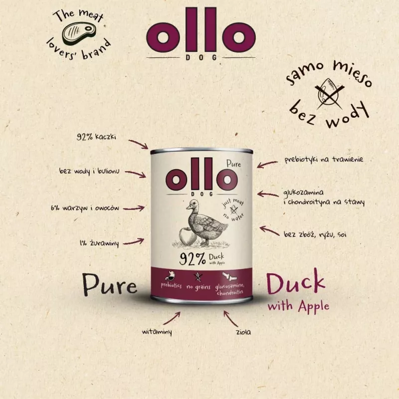 OLLO Pure Duck s jablkom - mokré krmivo pre psov - 400 g