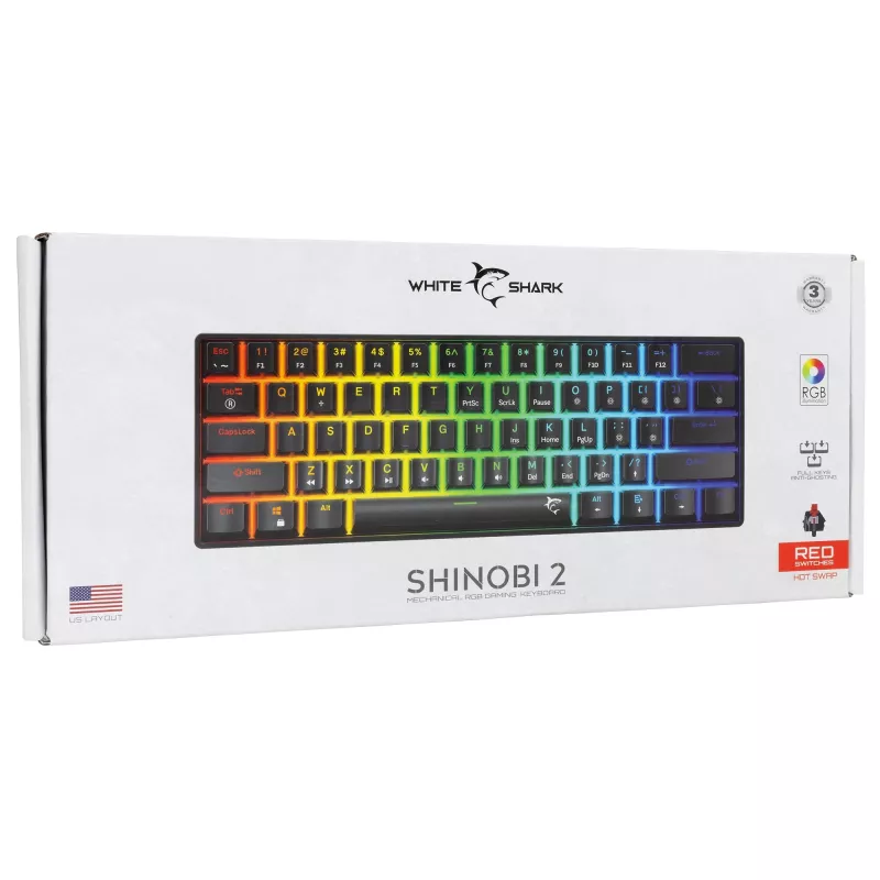Mechanická herná klávesnica White Shark Shinobi-2 s Red Switches, čierna, US-layout