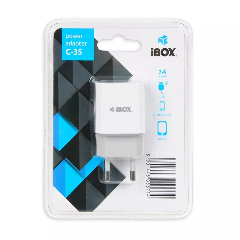 AC vnútorná nabíjačka IBOX C-35 Universal biela — 5 V max, 0,3 A vstup, 1 A USB výstup