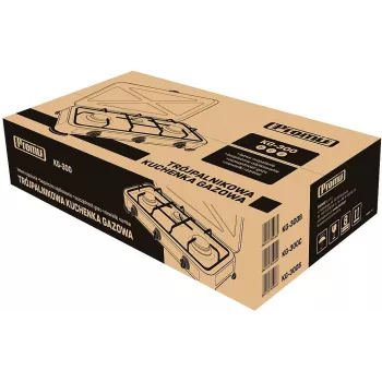 Plynový sporák PROMIS KG300C, 3 horáky, manuálne otočné ovládače, čierna varná plocha, 580×310×110 mm