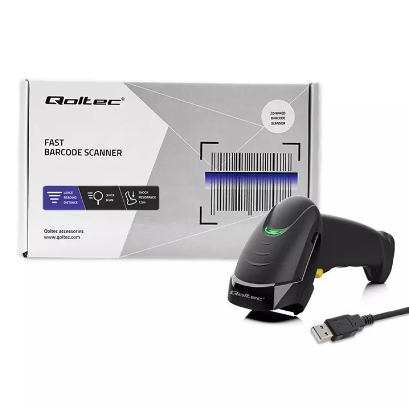 Qoltec 50853 ručná laserová čítačka čiarových kódov 1D/2D, drôtová USB, kábel 1,65 m, 97x65x167 mm, 105 g, čierna