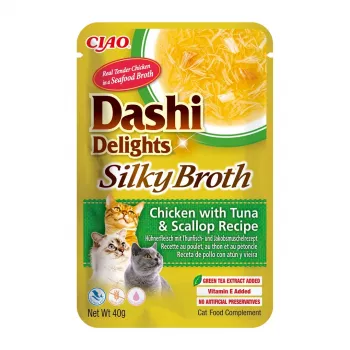 Vlhké maškrty pre mačky INABA Dashi Delights – kura s tuniakom a mušľou svätojakubskou, 40 g vrecúško, 93 % vlhkosť, 5,5 % bielkoviny
