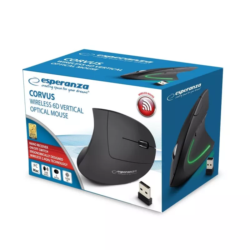Esperanza EM133 Corvus vertikálna bezdrôtová myš, 2,4 GHz, 1600 DPI