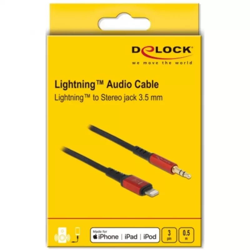 Delock - kábel Lightning na konektor slúchadiel - Lightning samec na mini-phone stereo 3,5 mm samec - 50cm - čierny, červený (86586)