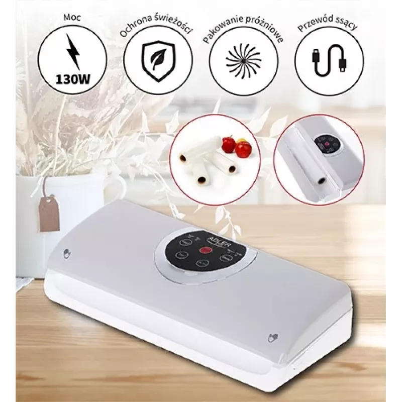 Vákuovačka Adler AD 4503, 130 W, vákuum -750 až -800 mbar, konektor Type-C, sivá/biela