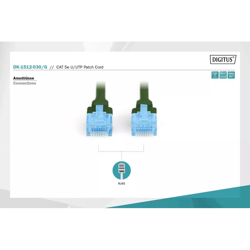 Sieťový patch kábel DIGITUS CAT5e U/UTP, 3 m, RJ-45 na RJ-45, zelený