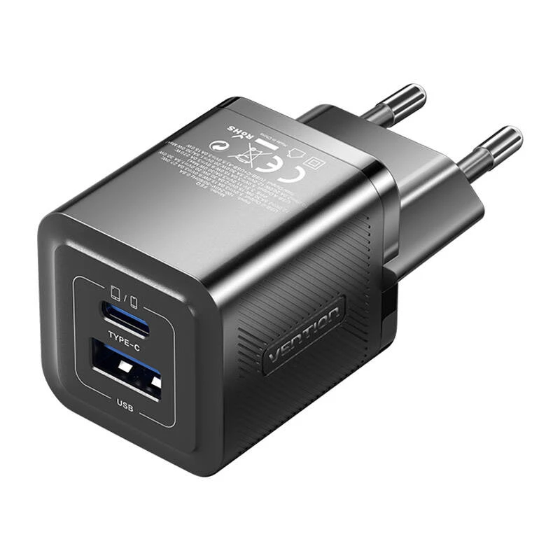 Vention FEQB0-EU interiérová AC rýchlonabíjačka 30W, 1x USB-C, čierna — pre smartfón, tablet, smart hodinky, slúchadlá
