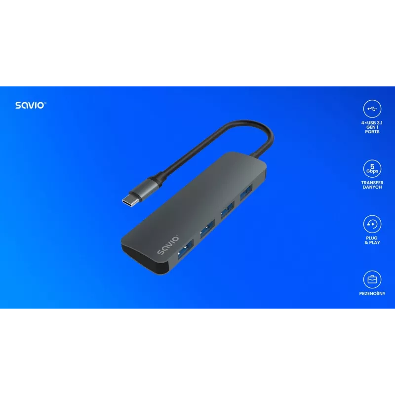 USB hub SAVIO AK-54 — 4 x USB-A (USB 3.2 Gen 1), USB-C host, čierny