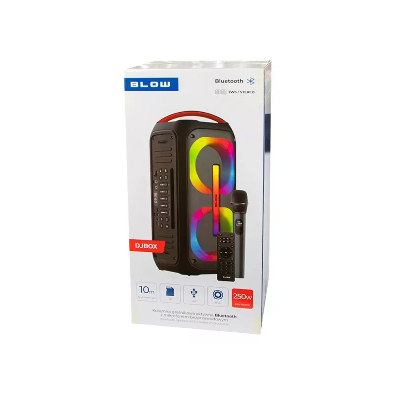 BLOW DJBOX 30-392# Bluetooth reproduktor 250 W s diaľkovým ovládaním a mikrofónom, USB, microSD, AUX, TWS, vstavaná batéria, čierny