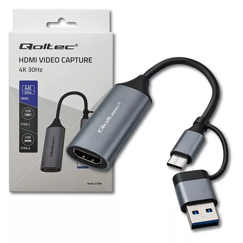 USB-C na USB-A a HDMI 4K 30Hz adaptér QOLTEC z hliníka