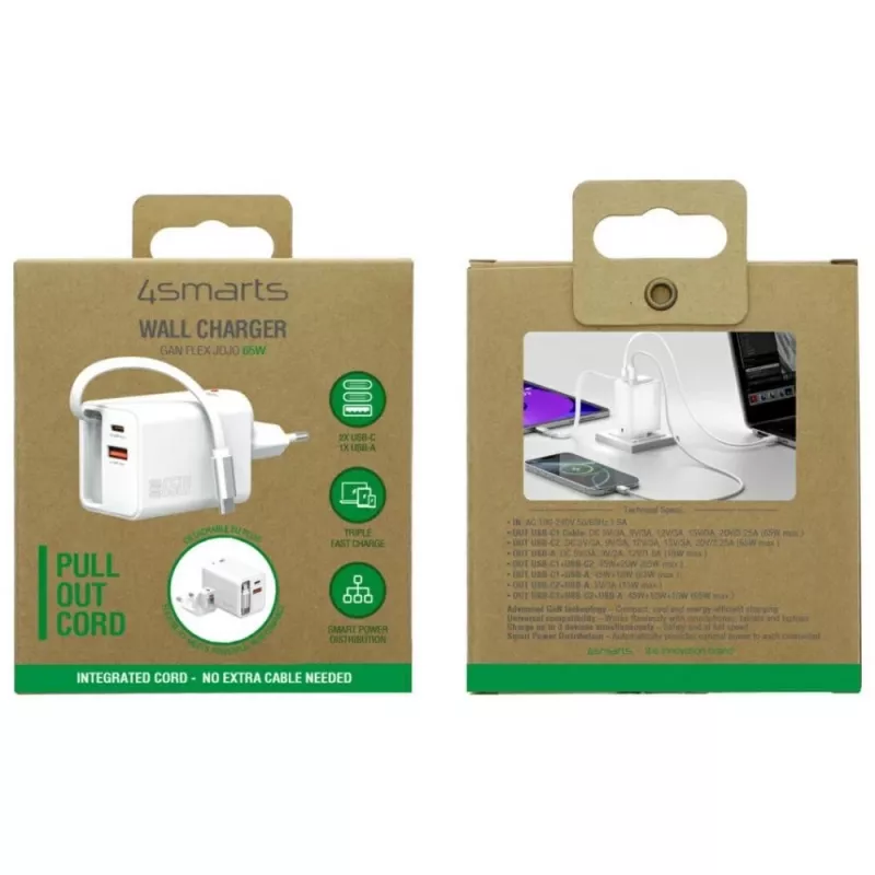 4smarts 541065 GaN Flex Jojo 65W sieťová nabíjačka, 2x USB-C PD + USB-A QC 3.0, zaťahovací USB-C kábel, 100-240V, biela