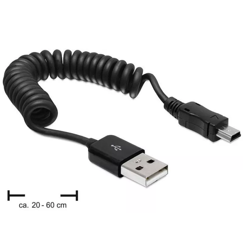 DeLOCK 83164 USB 2.0 špirálový kábel, USB-A na Mini-USB B, 0,6 m, čierny