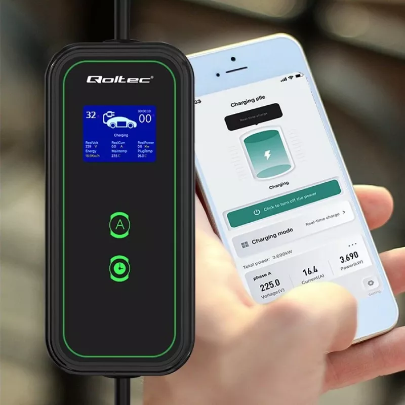 Qoltec mobilná nabíjačka pre elektromobily nastaviteľná 2v1 Type2 | 7kW | 230V | CEE 3 PIN | Wi-Fi | LCD | prenosná | wallbox | 5m