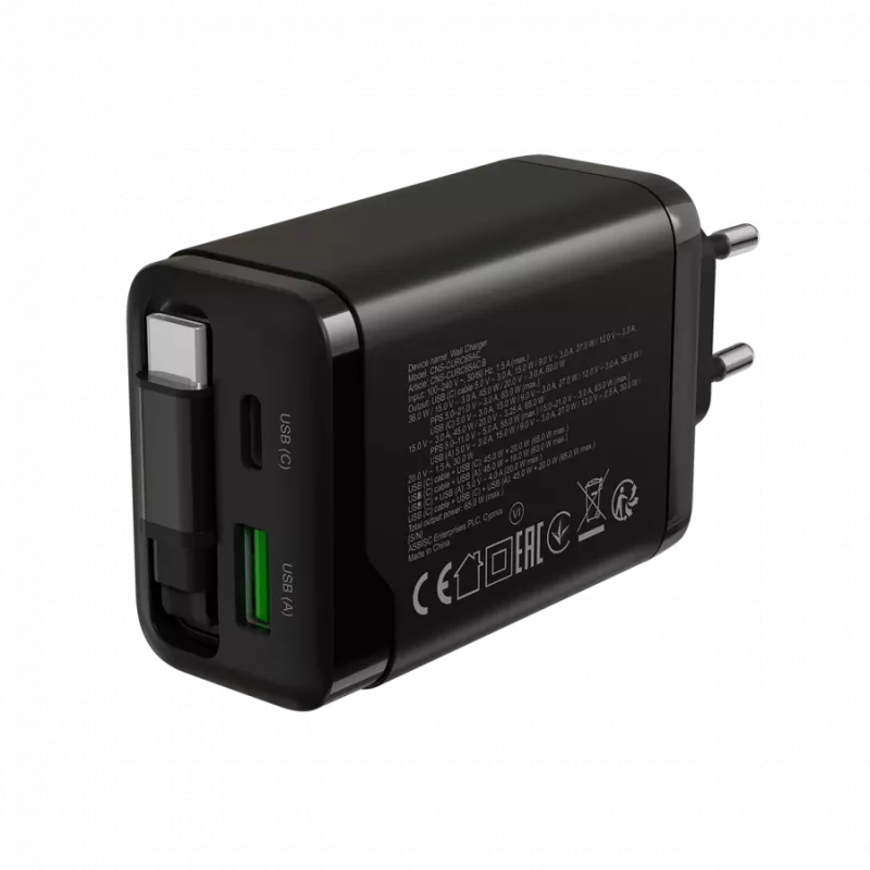 Nabíjačka CANYON OnCharge 65RC s integrovaným USB-C káblom, 65 W, 1x PD, 1x QC, EU zástrčka, čierna