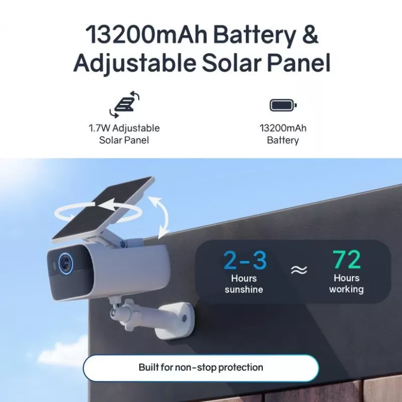Safemo SC1 SolarCam, 4K UHD video, 8× zoom, 132° výhľad, nočné videnie, Wi-Fi 2,4 GHz, 1,5 W solár, biela