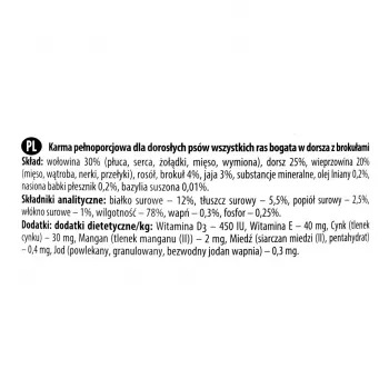 Mokré krmivo pre psov dolina noteci Premium – treska a brokolica, 800 g, dospelé psy, bez obilnín, bezlepkové