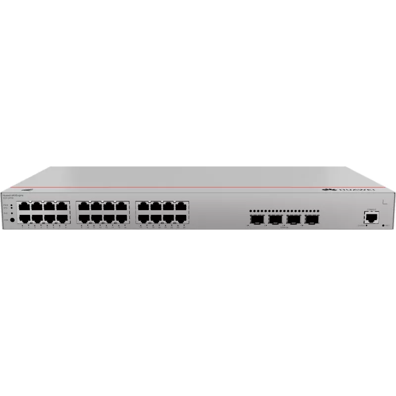 Switch HUAWEI S220-24P4X — 24 x Gigabit (10/100/1000) RJ-45, 4 x SFP+, PoE, 1U sivý