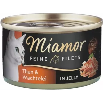 Mokré krmivo pre mačky Miamor jemné filé 100 g — prepelica & tuniak, dospelé mačky, ľahko otvárateľná konzerva