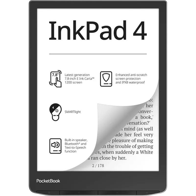 PocketBook InkPad 4 - 19,8 cm (7.8) - E Ink Carta - 1404 x 1872 pixelov - ACSM - AZW - AZW3 - CBR - CBZ - CHM - DOC - DOCX - DjVu - EPUB - EPUB DRM - FB2 - FB2.ZIP - HTM - HTML - MOB