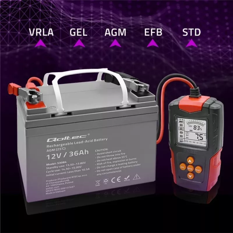 Qoltec 52484 LCD digitálny tester batérií | 12V | 24V | 3Ah-200Ah