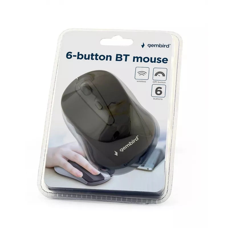 Bezdrôtová optická Bluetooth myš GEMBIRD MUSWB2 — pre pravákov, 1600 DPI, 6 tlačidiel, čierna/sivá, batérie AAA
