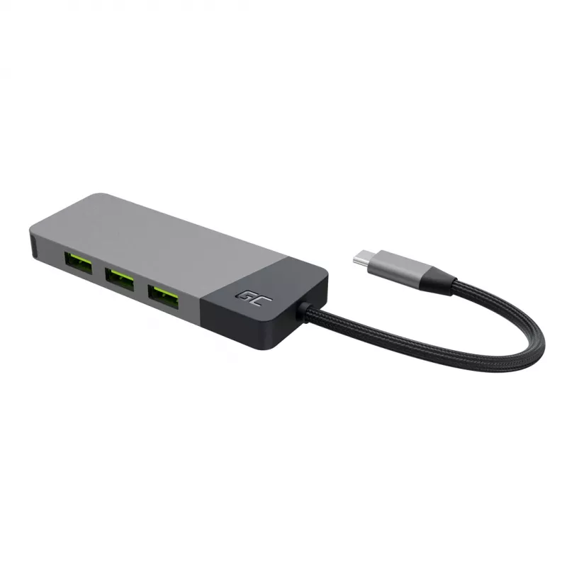 USB‑Type‑C hub Green Cell HUBGC01 — 7 portov: 3×USB‑A 3.2 Gen 1, 1×USB‑C 3.2 Gen 1, HDMI, microSD+SD čítačka kariet — strieborný