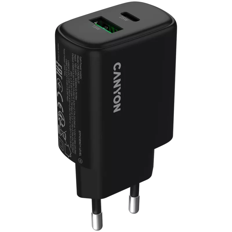 CANYON nabíjačka OnCharge 250 25W 1xPD 1xQC EU čierna