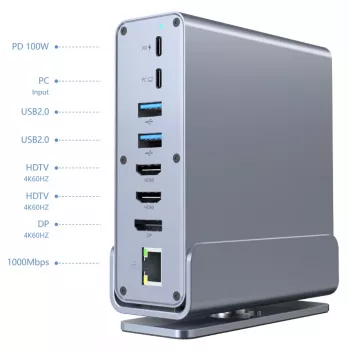 Gembird 15-in-1 USB Type-C multiport adaptér A-CF-COMBO15-01 — USB 3.2 Gen 2, 4× Type-C, 2× HDMI, DisplayPort, PD 3.0, čítačka SD kariet, Gigabit-LAN, 3,5 mm audio, sivý