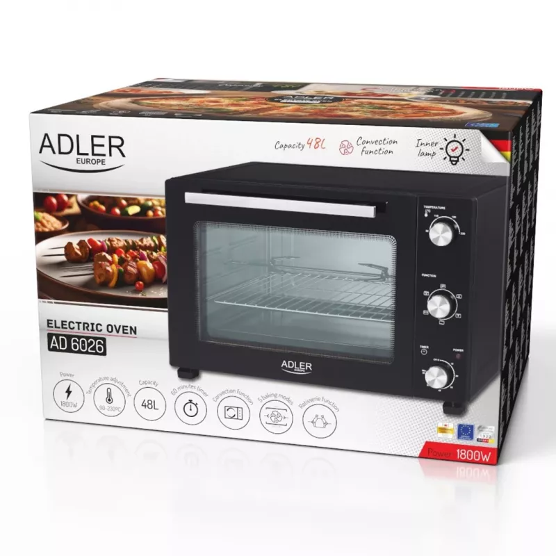 Elektrická kompaktná stolová rúra Adler AD 6026 – objem 48 l, 1800 W, voľne stojaca, mechanický časovač