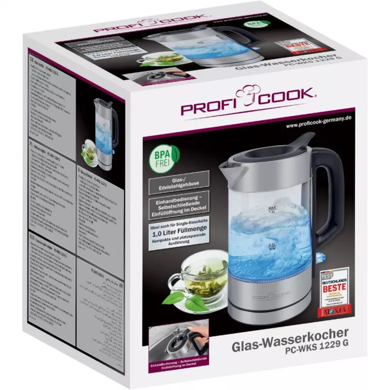 ProfiCook PC-WKS 1229 G rýchlovarná kanvica 1 L 1600 W nerez, priehľadná