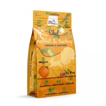 SYTA MICHA Chef Puppy králik, moriak, banán a cuketa - suché krmivo pre psov - 9 kg