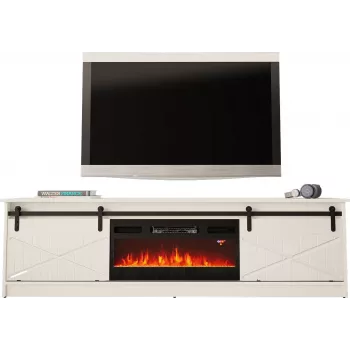 TV skriňa s elektrickým krbom Cama Meble GRANERO model RTV GRANERO + KOM B/B, 200 x 56,7 x 35 cm, biela/vysokolesklá biela, 2 dvere, 2 police, MDF/drevotrieska