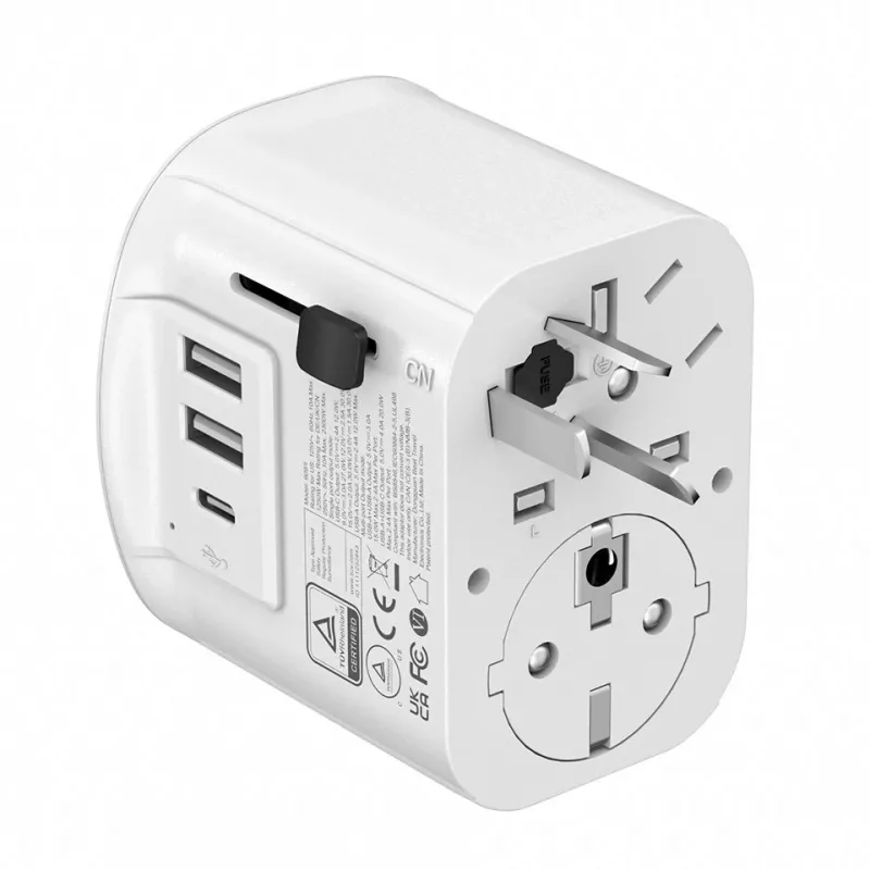 Cestovný adaptér GEMBIRD TPA-EU2A1C15-01-W – 15W, konektor Type-E, 2× USB-A + 1× USB-C, 100–250V