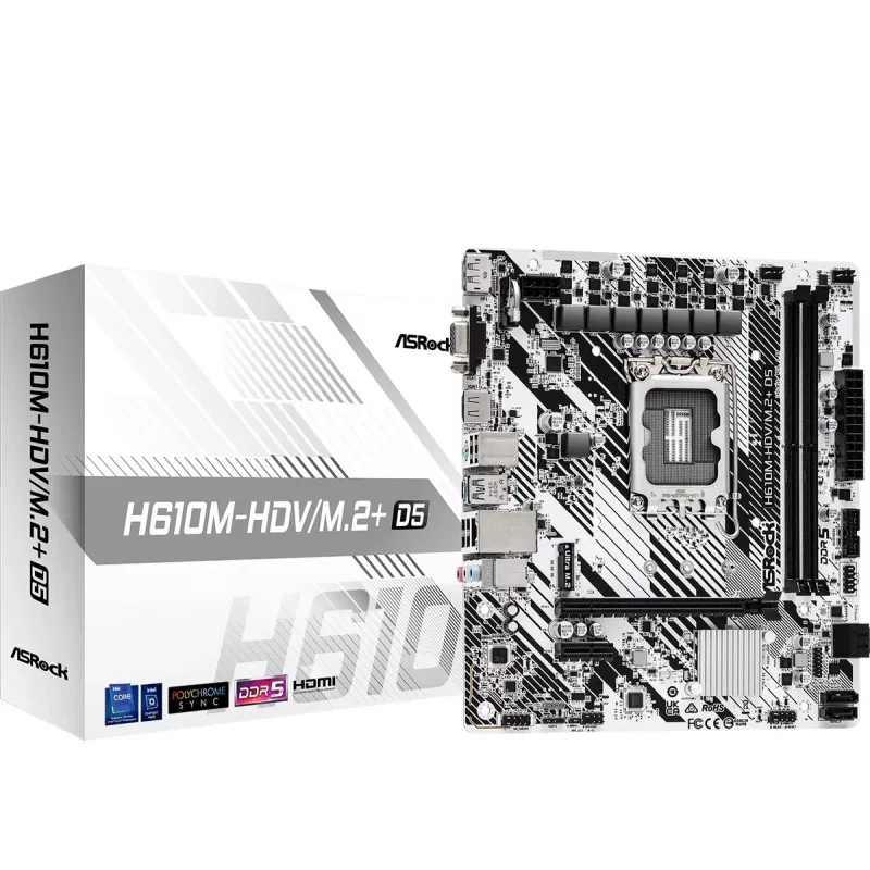 ASRock H610M-HDV/M.2+ D5 základná doska, Intel H610, LGA 1700, Micro-ATX, 2x DDR5 DIMM (max. 96 GB), PCIe 4.0 x16, 1x M.2, 4x SATA III, HDMI, DisplayPort, VGA, USB-C 3.2 Gen 1, Gigabit LAN
