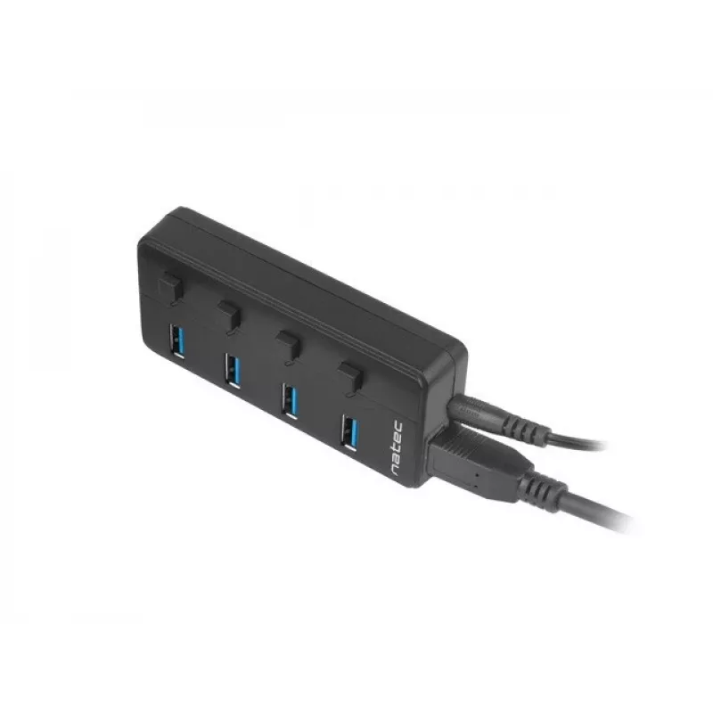 Natec Mantis 2 NHU-1557 4-portový rozbočovač USB 3.0, vstup USB Type-B, vypínače zapnúť/vypnúť, sieťový adaptér, čierny