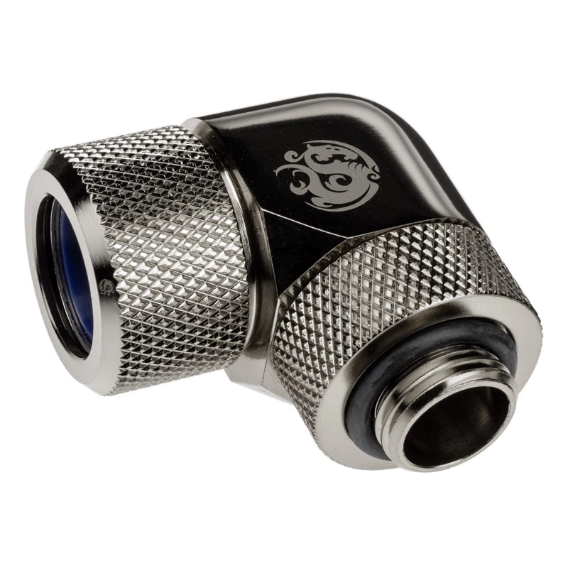 Adaptér 90° BitsPower Advanced Multi-Link G1/4 palca vonkajší závit na 14 mm AD hardtube — otočný