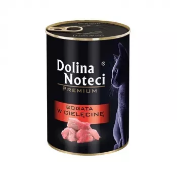 Mokré krmivo pre mačky Dolina Noteci 400 g konzerva — receptúra s teľacím mäsom, dospelé mačky, 80 % vlhkosti