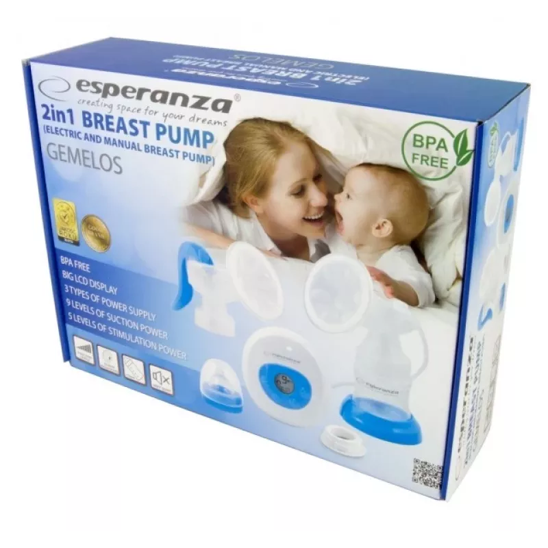 Odsávačka mlieka ESPERANZA ECM003B elektronická 150 ml, integrovaný displej, modrá/biela, 100–240 V AC