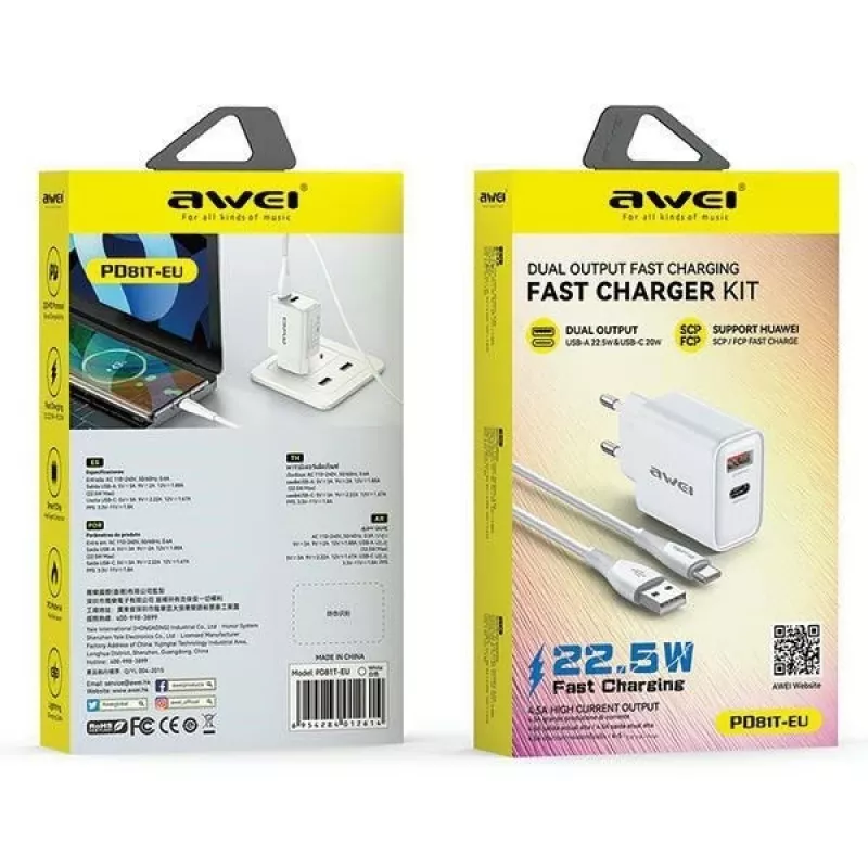 Napájací zdroj Awei PD81T-EU 22,5W s USB káblom a USB-C, biely, GaN