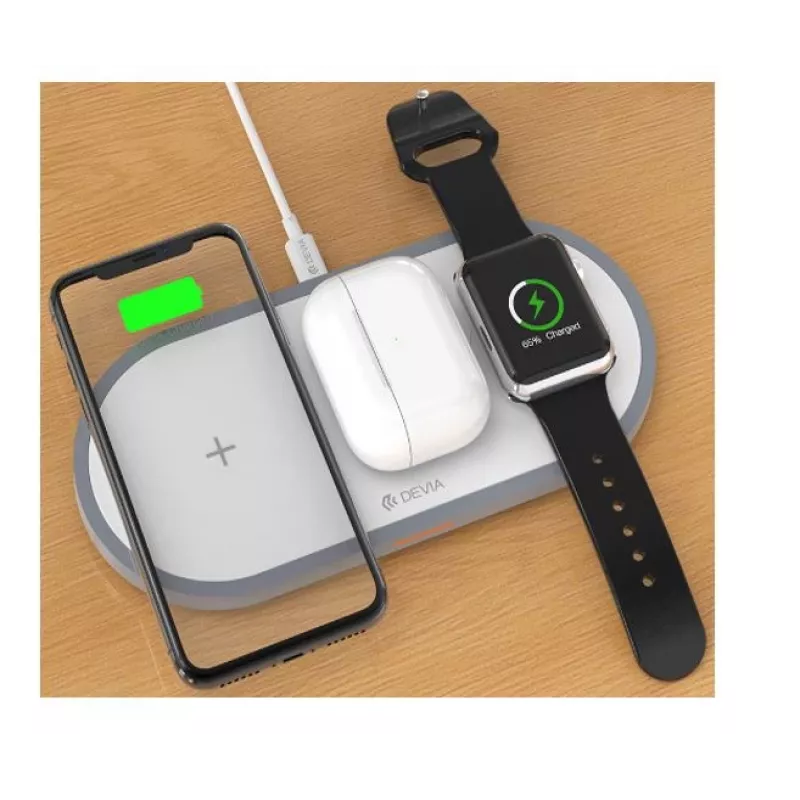 3-in-1 bezdrôtová nabíjačka Devia V4 10W — pre smartphone, Apple Watch, slúchadlá