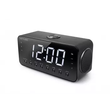 Rádiobudík Muse M-192 CR — digitálne hodiny, FM tuner, 1,8-palcový LED displej, čierne drevo, AC 100–240V, záloha AAA